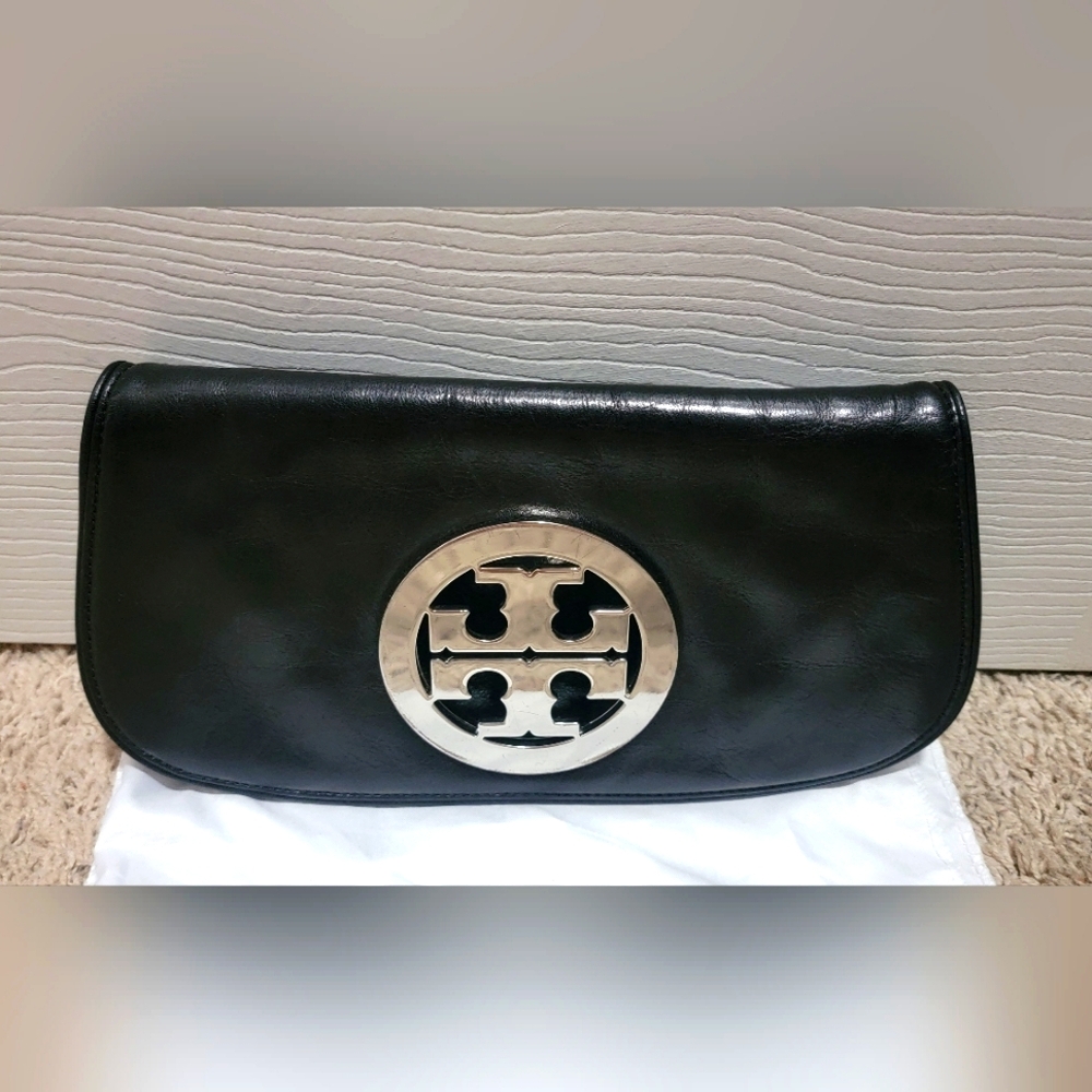 Tory Burch Black Leather Reva Logo Crossbody Clutch Tote Bag Silver Hardware